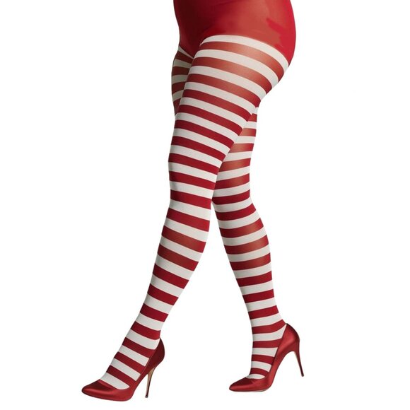 Striped Tights Plus 1x/2x (16-20) 3x/4x (22-26) Womens Opaque Red-White Hosiery - Picture 8 of 10